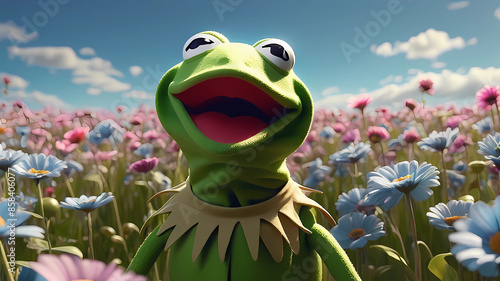 Kermit the frog, happy, light, surrounded by a blue sky on a flower field. A beautiful light theater stage with cinematic lighting, Ultra 4K HD.