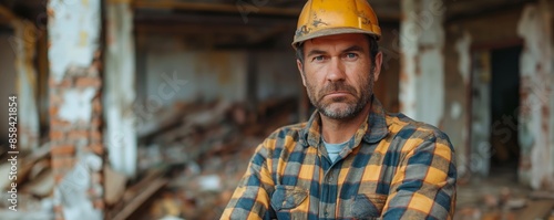 A man wearing a yellow helmet and flannel shirt poses seriously in a construction zone with collapsed structures, portraying determination and readiness for hard work.