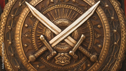 An Indian shield adorned with crossed talwar swords, symbolizing heritage, strength, and tradition