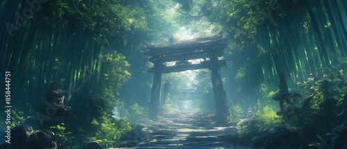 A forest with a stone archway leading to a path. Anime background