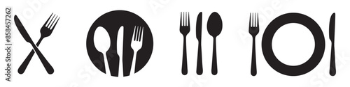 Fork, spoon, knife and plate. Menu symbol. Tableware instruments. Restaurant icon. Food, plate, fork, knife, spoon, cutlery icon set.