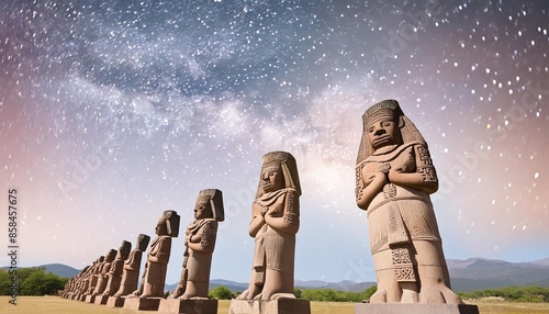 toltec sculptures in tula against background of starry sky mexico