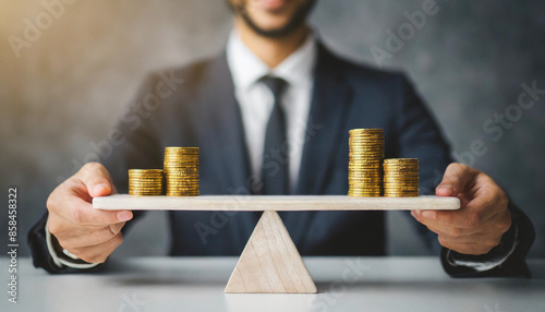 businessperson stands blurred in the background while focusing on balancing stacked coins on a seesaw, symbolizing financial stability, balance, and economic decision-making in business