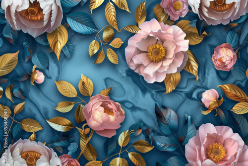 3D wallpaper with a blue background and golden flowers, pink peonies, golden leaves, blue foliage, flowers on the wall