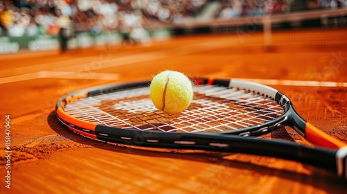 Close-up of a tennis racquet and ball on a clay court, emphasizing the sport's equipment and textured playing surface during a match.