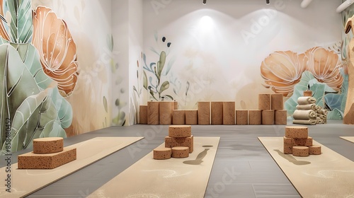 yoga studio featuring mats made from natural rubber, blocks crafted from sustainable cork, and serene wall murals painted with eco-friendly dyes