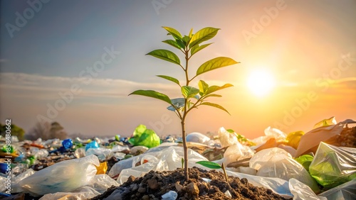 A Small Plant Grows In A Pile Of Plastic Trash, Symbolizing Hope For The Future Of Our Planet.
