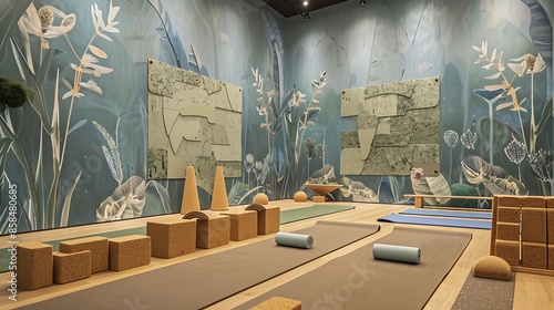 yoga studio featuring mats made from natural rubber, blocks crafted from sustainable cork, and serene wall murals painted with eco-friendly dyes