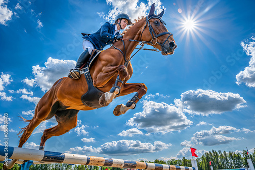 Brown horse jumping over fence rail obstacles, equestrian show jumping with woman rider