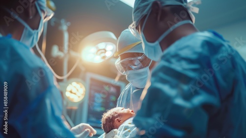 A newborn baby is born by c-section in an operating room attended by a surgeon and medical team