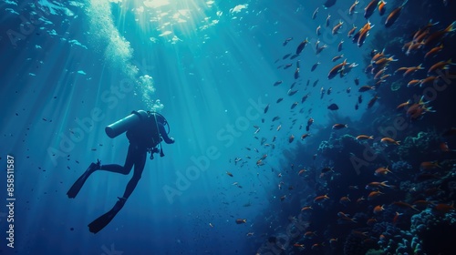 Scuba Background. Active Scuba Diver Amidst Beautiful Caribbean Coral in Colourful Blue Water