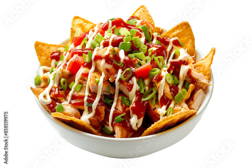 Heap of loaded nachos with chicken, cheese, tomatoes, and onions isolated on white transparent background