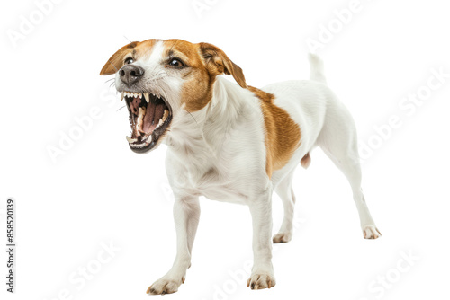 Close-up of an aggressive dog barking with its teeth bared, isolated on white background