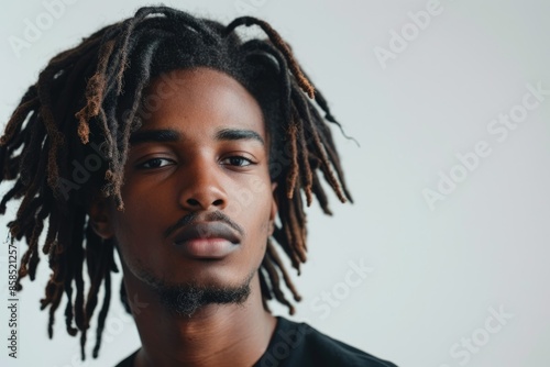 Handsome Afro American man with dreadlocks on white background.