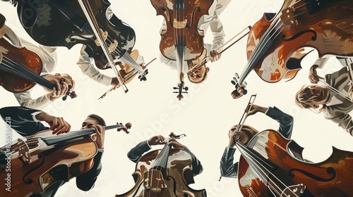 A group of cellists playing their instruments in a circle. AIG535