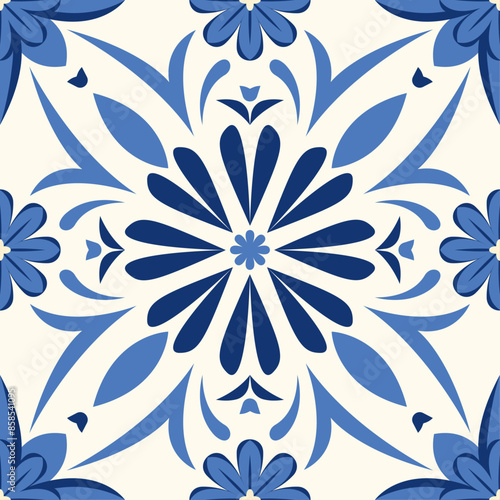 Turkish-inspired ceramic tile. Seamless and vibrant Azulejo tiles. Decor from Portugal and Spain. Incorporates motifs from Islamic, Arabic, Indian, and Ottoman cultures. Hand-drawn vector art.