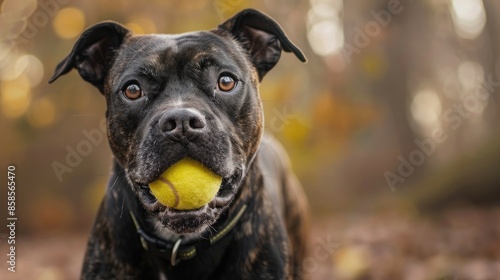 Staffordshire Bull Terrier carrying a yellow tennis ball