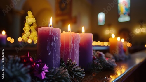 Catholic Advent Candles: Three Purple and One Pink with Bokeh Lights in Church as Symbol of Hope and Preparation