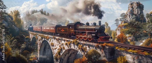 19Th-Century Steam Locomotive Crossing An Old Stone Bridge