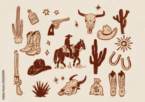 Cowboy Western Hand Drawn Boho Doodles Illustration Vector Set Cowboy, Horse, Cactus, Cow Skull