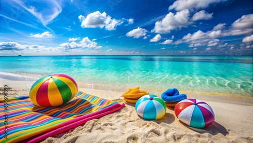 Vibrant beach scene with colorful towels, inflatable rafts, and beach balls scattered on golden sand, adjacent to crystal-clear turquoise water and a radiant blue sky.,hd,8k