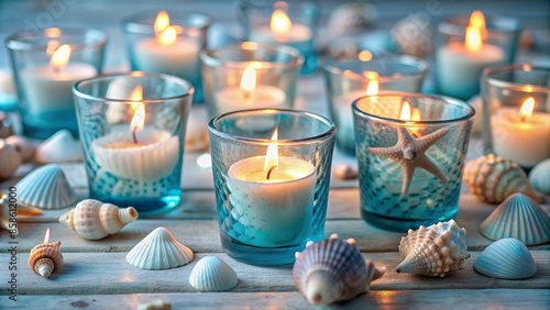 Delicate seaside shells scattered around a serene arrangement of blue glass votives illuminated by soft, warm light, evoking a sense of coastal tranquility.,hd,8k