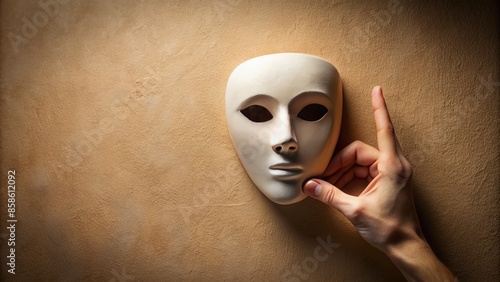 A solitary, anonymous hand emerges from the beige background, grasping a mask, conveying anonymity, mystery, and a sense of hidden identities waiting to be unveiled.,hd,8k
