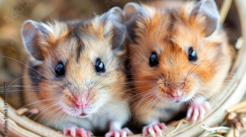 Syrian hamsters on a wheel close up of red and beige muzzles