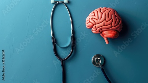 Neurological and psychological care Symbol of brain and stethoscope on blue background highlighting conditions like Alzheimer s Parkinson s dementia stroke seizure and mental health awarene