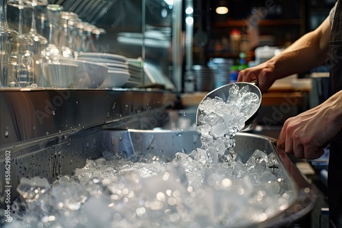 An employee removing ice from a machine in a restaurant