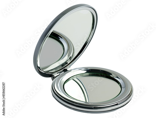 A silver compact mirror with a silver frame