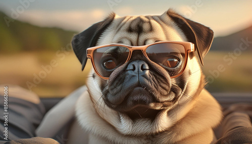 Cool pug dog chillin with their sunglasses on. Earthy background. Pug is fawn coloured. 