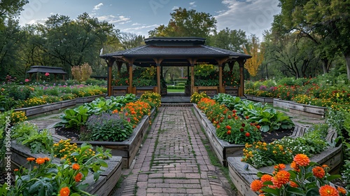 Raised garden beds with wooden gazebo