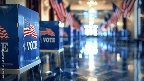 Empty Polling Station with Voting Privacy Booths on Election Day at USA School Entrance