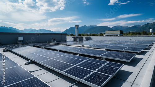 Close-up of solar panels which installed on the rooftop of the building.