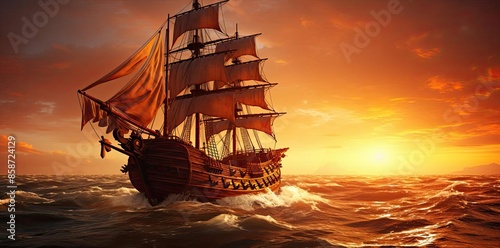 pirate ship background with orange sky and white waves, featuring a large sail