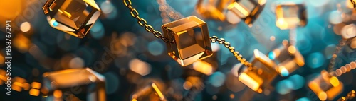 Golden blockchain concept with interconnected blocks and chains, representing decentralized network technology in a futuristic setting.