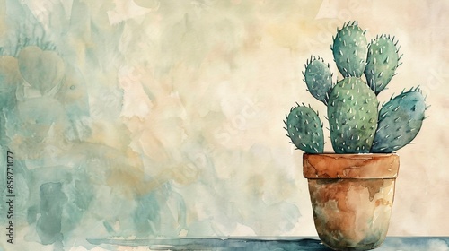 Watercolor Cactus with Beige Background.