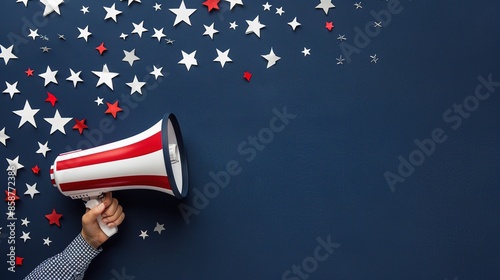 Person hand with patriotic megaphone, American presidential election campaign concept. Banner with free space