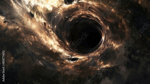 Photograph of a black hole, its event horizon a swirling vortex of darkness, devouring everything that ventures too close, against a backdrop of shimmering stars.