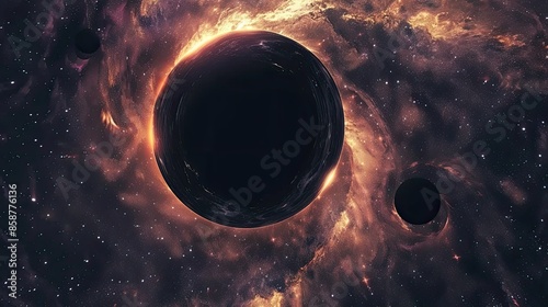 Photograph of a black hole, its event horizon a swirling vortex of darkness, devouring everything that ventures too close, against a backdrop of shimmering stars.