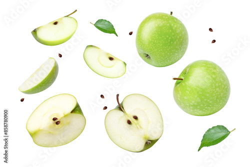 Green apple with green leaf and half slice flying in the air isolated on white background.