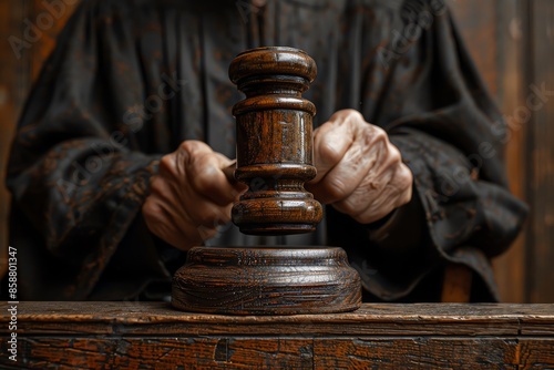 Close-up of a judge's hand holding a wooden gavel during a courtroom session, symbolizing justice and legal authority.