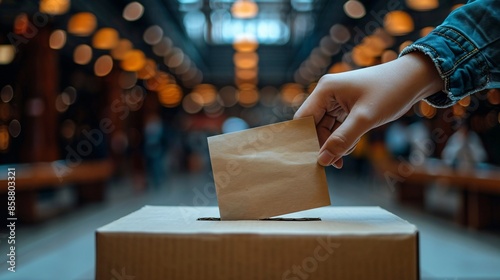 A citizen casting a vote into a polling box during a political decision. Referendum representation plebiscite general election idea.