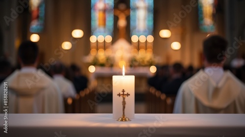 Church service with priest and altar servers in white vestments, altar adorned with saintly relics and candles, parishioners participating in a solemn Eucharistic celebration