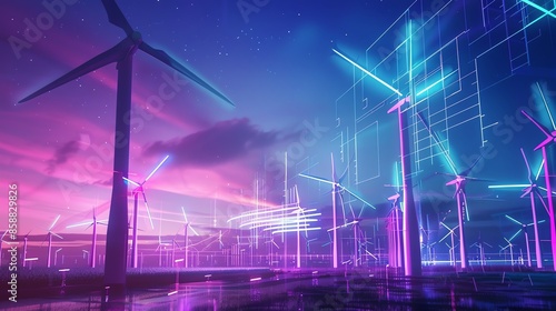 Futuristic wind energy farm with towering, sleek wind turbines spinning under a neonlit sky, surrounded by holographic displays, promoting renewable innovation