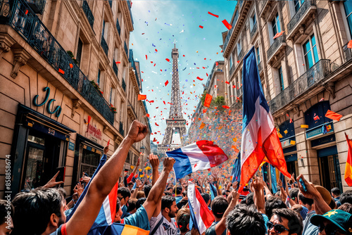 Triumphant Victory: French Fans with Flag Colors Painted on Face United in Celebration of a Major Sporting Achievement, Embracing National Pride in Front of an French Iconic Monument.
