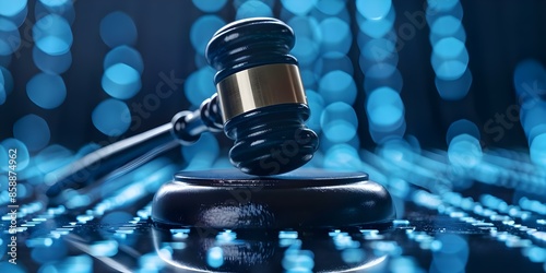 Digital judges gavel represents cybersecurity law enforcement in virtual hightech setting. Concept Cybersecurity Law Enforcement, Virtual Setting, Technology, Judges Gavel, Digital Innovation