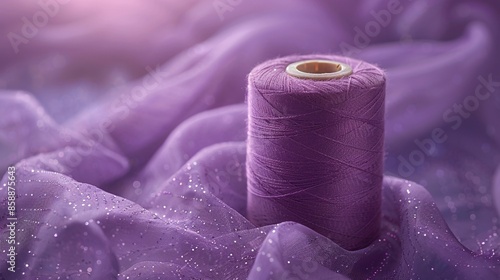 Purple thread spool with a thimble on sparkling chiffon fabric, ideal for text placement.