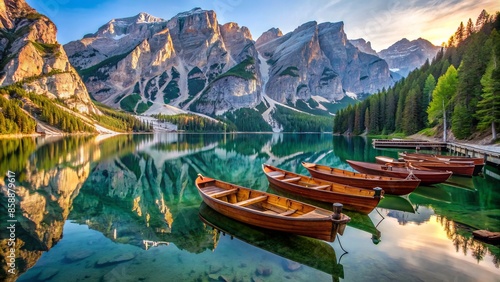 Serene morning scene of wooden boats moored at the tranquil shoreline of braies lake, surrounded by majestic dolomite mountains in sudtirol, italy.,hd,8k.